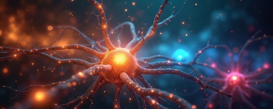 Neural network illustration with synapses firing, colorful display of interconnectedness. Artificial intelligence concept for banner background. Illustration for educational, science projects, tech