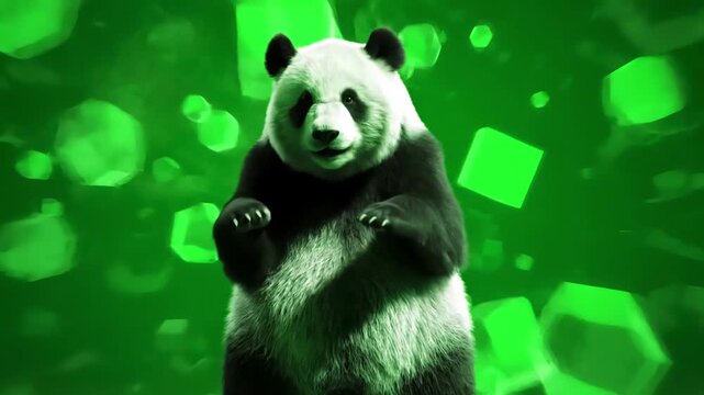 Green Screen panda zoo cg fur 3d rendering animal realistic cgi vfx animation loop crowd dance composition mapping cartoon with alpha channel scene 3 distortion, overlay, glitch, static noise, scan