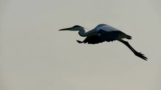 A graceful heron flying slowly on an isolated pure white background, wide wings flapping smoothly