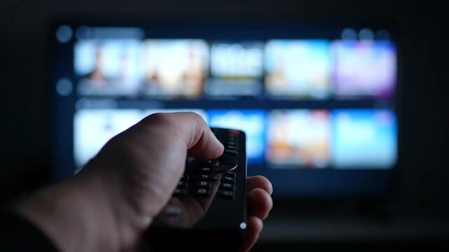 Hand holding a remote aiming at a blurred, glowing screen displaying menu options