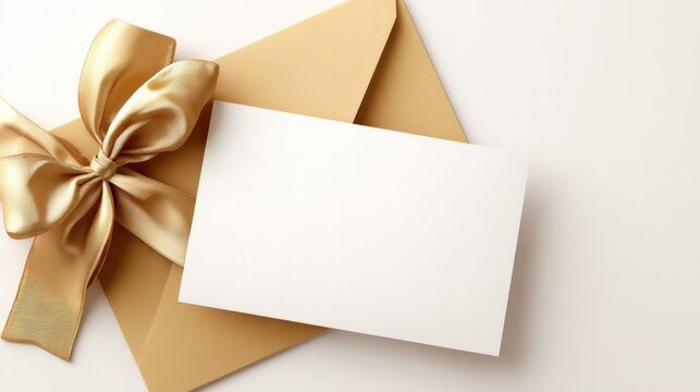 Elegant Gold Envelope and Bow with Blank Card for Festive Occasions, Greetings, or Invitations