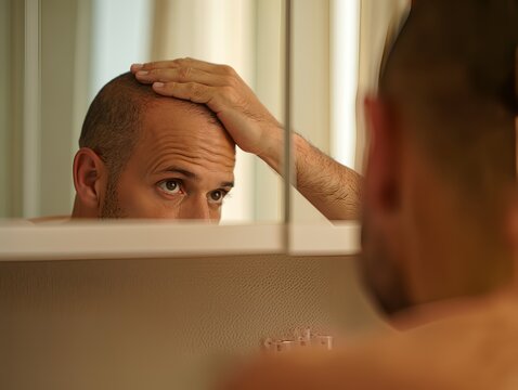 Concerned man checking his hairline in the mirror, anxiously examining his scalp for signs of hair loss and aging in a dimly lit bathroom setting.