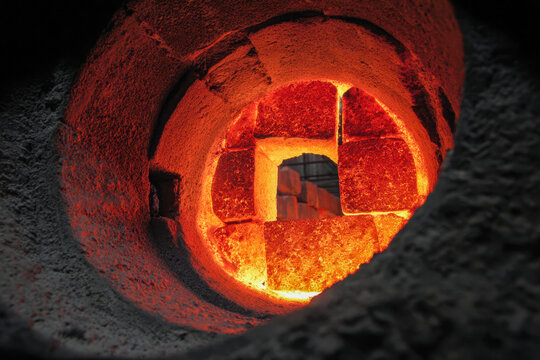 View inside a glowing industrial furnace showing heated refractory bricks emitting intense orange light during high-temperature metal processing or manufacturing