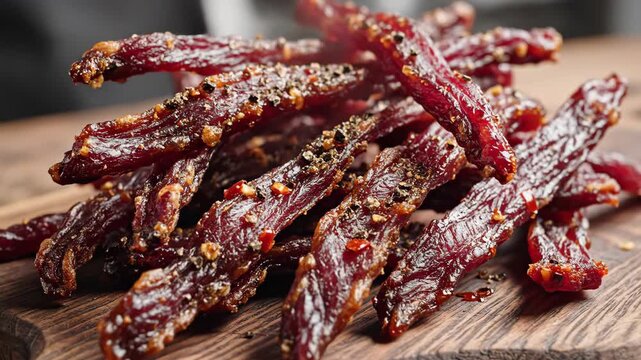 Delicious and Spicy Beef Jerky Sticks on a Rustic Wooden Board