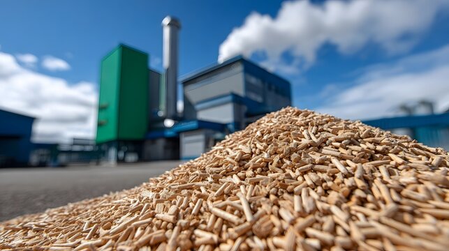 Closeup view of a large pile of biomass fuel pellets stored at an industrial renewable energy power plant facility