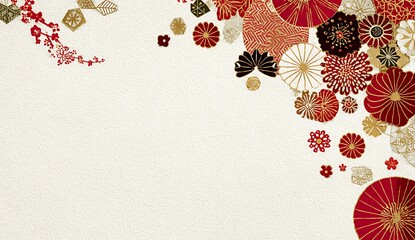 A delicate arrangement of traditional japanese floral motifs in red, gold, and white on a textured cream background, evoking a sense of refined beauty