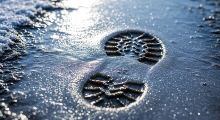Footprints in wet sand by the shore with sunlight reflecting. icy puddle in muddy ground with single frozen footprint  