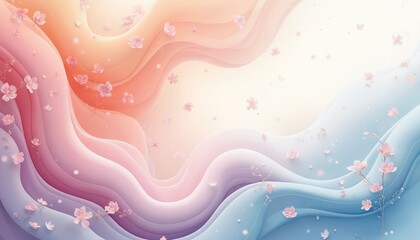 Soft pastel waves with delicate pink blossoms drift gently across light abstract background. Airy, dreamy scene blends colors like peach, pink, blue, suggesting natural elements like water, silk.