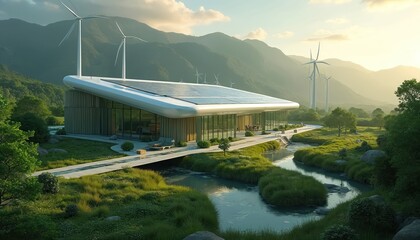 Eco-friendly modern home integrates with nature. Solar panels and wind turbines power the building. Sustainable architecture design blends into a green natural landscape near mountain range.