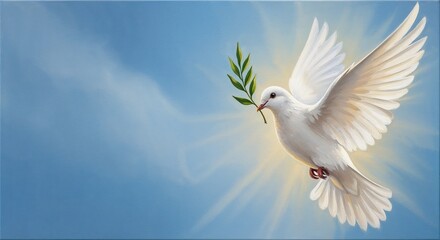 Oil painting of white dove with olive branch against blue sky, messenger of peace