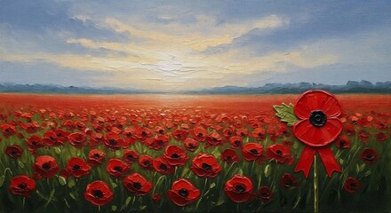 Oil painting of poppy field with red flowers, commemorating Poppy Day and Anzac Day