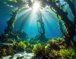 Obraz premium Sunlit Underwater Forest - A Serene Aquatic Ecosystem.