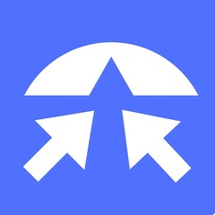 Abstract white arrows converging towards a stylized mountain peak on blue background