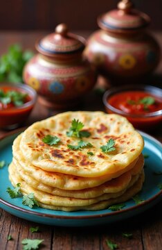 Stack of mooli parathas stuffed flatbread with fresh coriander garnish served with spicy tomato chutney. Indian cuisine offer a wholesome meal experience.