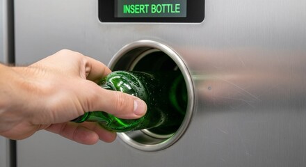 Green glass bottle being inserted into return machine slot, photorealistic macro shot