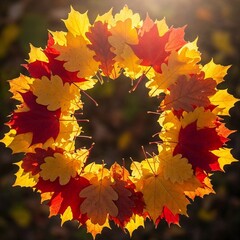 Colorful autumn wreath made of red and yellow maple leaves  