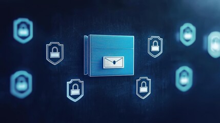 legal intellectual property paperwork concept. Digital security concept with locked icons surrounding a secure vault.
