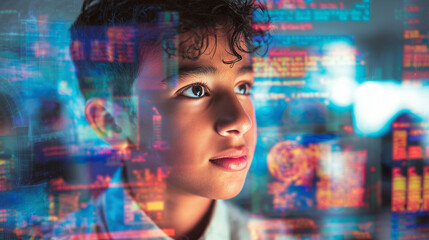 College student using virtual AI artificial intelligence technology & machine learning. Interactive technology in uni classroom. Innovation & smart tech. AI hologram in education & gaming. futuristic	