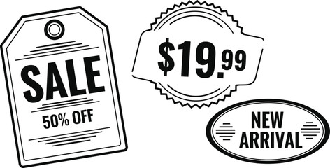 Obraz premium A collection of black and white sale tags featuring sale off and new arrival promotions and price