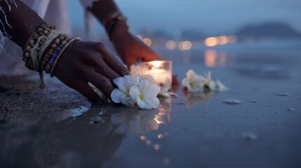 Hands placing candle and flowers on Copacabana beach at dusk.