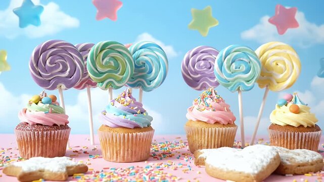 A colorful display of cupcakes and lollipops with a pink background. The cupcakes are arranged in a row with lollipops on top of them. Scene is cheerful and playful