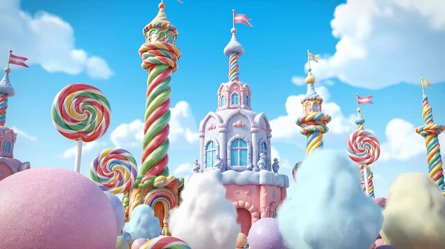 A colorful candy display with a large rainbow lollipop in the center. The candy is arranged in a way that creates a fun and playful atmosphere