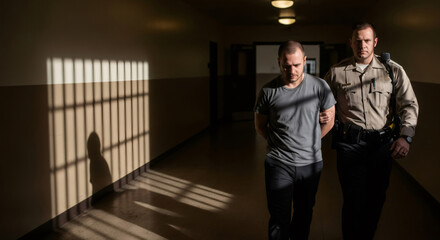 Man, an arrested criminal, walking handcuffed with a police officer or jail guard down a dark prison hallway with cell bar shadows.