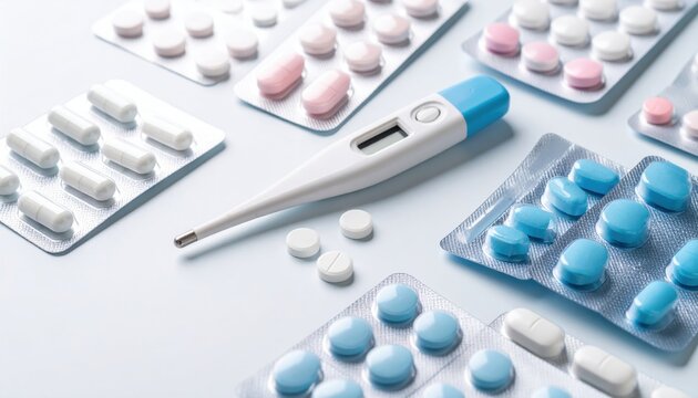 Digital Thermometer and Blister Packs of Medication on Clean Desk Surface in Pastel Colors