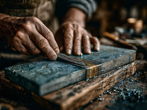 close-up of a person carefully sharpening a knife on a whetstone, hands steady and focused, fine metal shavings visible, emphasis on precision and craftsmanship