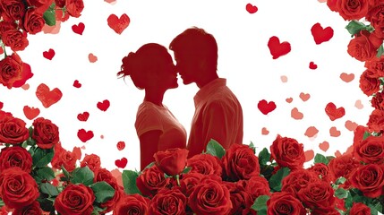 Romantic couple silhouette surrounded by red roses and floating hearts symbolizing love and affection