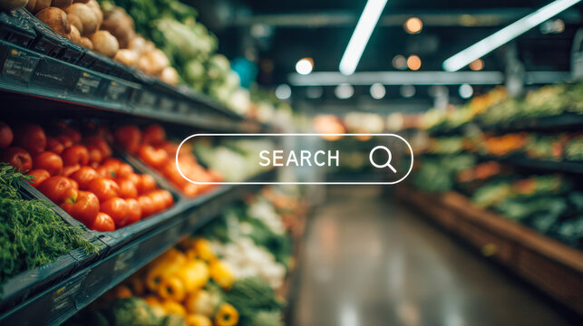 A vibrant grocery store aisle filled with fresh vegetables and fruits displayed on shelves, with a search bar overlay symbolizing online grocery shopping convenience