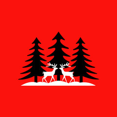 Fototapeta premium Two white reindeer stand in a snowy forest against a red background
