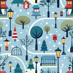 Whimsical winter village pattern with houses, trees, and lampposts on light blue