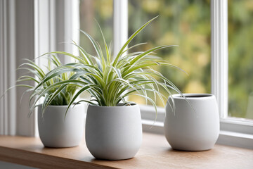 Fototapeta premium Three spider plants in white ceramic pots sit on wooden windowsill, natural light and greenery create calm minimalist home vibe