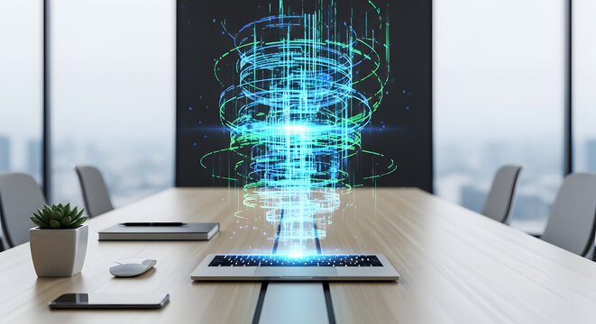 Modern workplace with laptop and futuristic technology visualization in meeting room