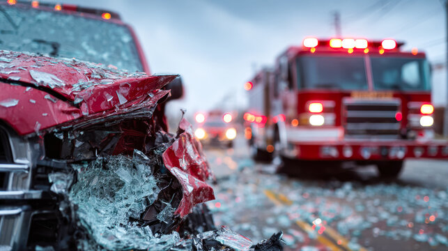 Car crash scene with emergency response vehicles on a rainy day