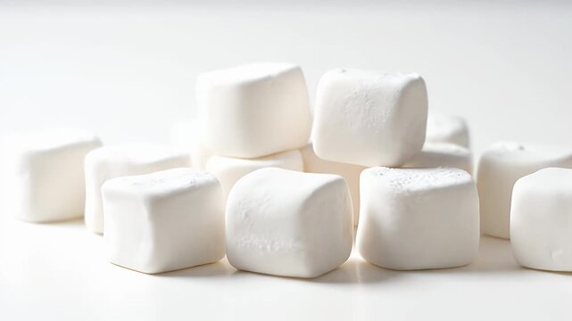 A close up of a white marshmallow with a few other marshmallows in the background. The marshmallows are all different sizes and shapes, but they all have a similar texture and color