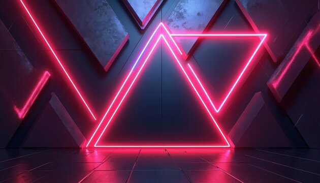 Abstract neon triangles glow brightly against dark geometric background. Modern 3D rendering with pink blue purple lights. Futuristic digital art.