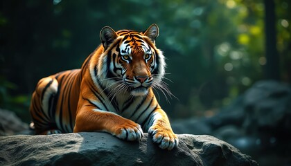 Bengal tiger rests on rock. Big cat predator with orange fur poses in nature. Wild animal portrait. Powerful hunter sits in wildlife habitat. Jungle predator watches around. Zoo animal relaxes.