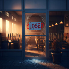 Storefront with shattered glass door and a red closed sign. Vandalism or burglary aftermath on a commercial business for insurance claims.