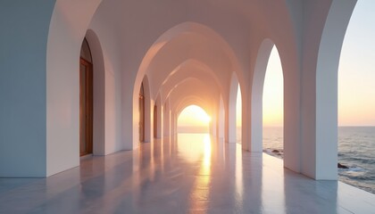 Naklejka premium Empty modern hallway with arches overlooks vast ocean at bright sunset. Minimalist architecture reflects warm light on polished floor. Serene sea view, calm water waves crash on rocks.