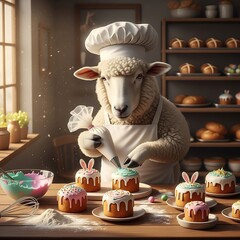 A whimsical anthropomorphic sheep baker decorates festive cupcakes with colorful frosting in a cozy kitchen setting
