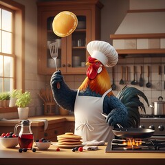A whimsical anthropomorphic rooster, chef, in a kitchen flips a pancake while cooking, amidst breakfast elements