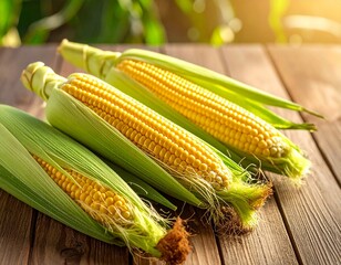 Fresh sweet corn with green husk on wooden table, organic maize harvest with natural yellow kernels, healthy vegetable food background.