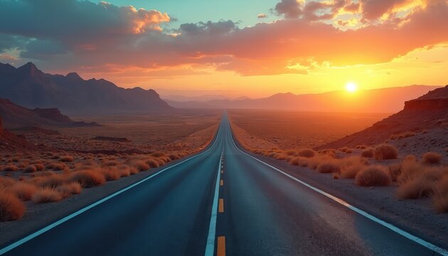 Long highway goes to horizon on sunset. Mountains visible. Sky orange. Road trip in Nevada desert. Freedom concept. Landscape evokes feelings of adventure. Tourism industry use image for travel