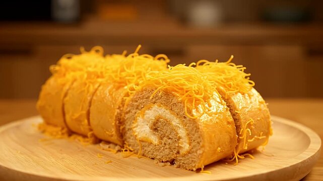 A slice of cake with cheese on top is on a wooden plate. The cake is cut into pieces and is placed on a table
