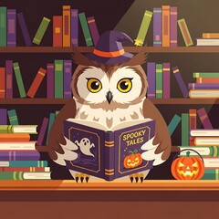 A whimsical cartoon scene showcasing an owl adorned in a witch hat, engrossed in a spooky book in a library