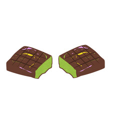 Illustration of Dubai chocolate. Illustration of chocolate bar. Illustration of Dubai chocolate with kunafa filling. Illustration of Dubai chocolate cut in half. Illustration of chocolate with pistach