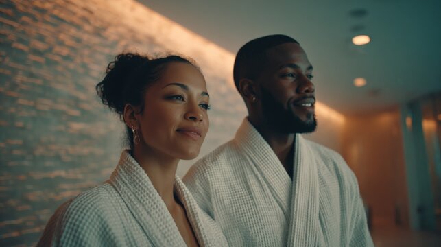 Relaxing Couple in Robes Enjoying a Spa Getaway, Celebrating Wellness and Connection Together