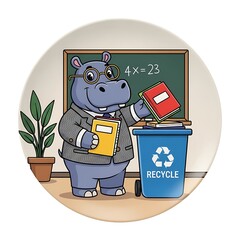 A whimsical ceramic plate features a hippo-teacher. He's discarding books in a recycle bin near a chalkboard with an incorrect equation